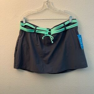 NWT Free Country Women's Plus Size Drawstring Swim Skirt 1X grey and teal